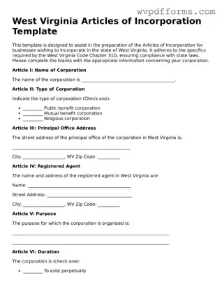 West Virginia Articles of Incorporation Template