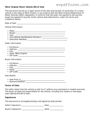 West Virginia Motor Vehicle Bill of Sale Template