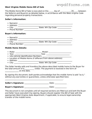 West Virginia Mobile Home Bill of Sale Template