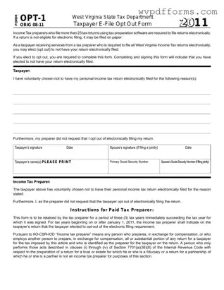 Free West Virginia Opt 1 Template