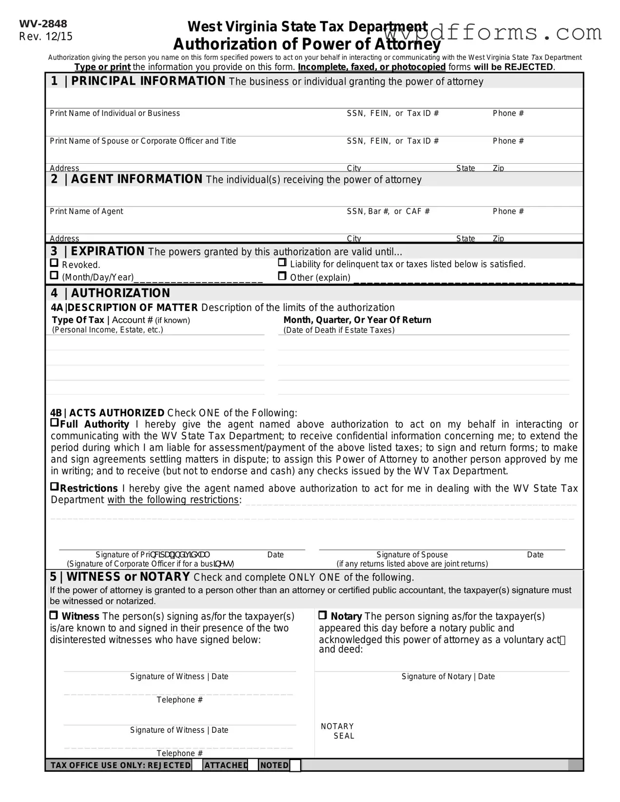 Free Tax POA wv-2848 Template
