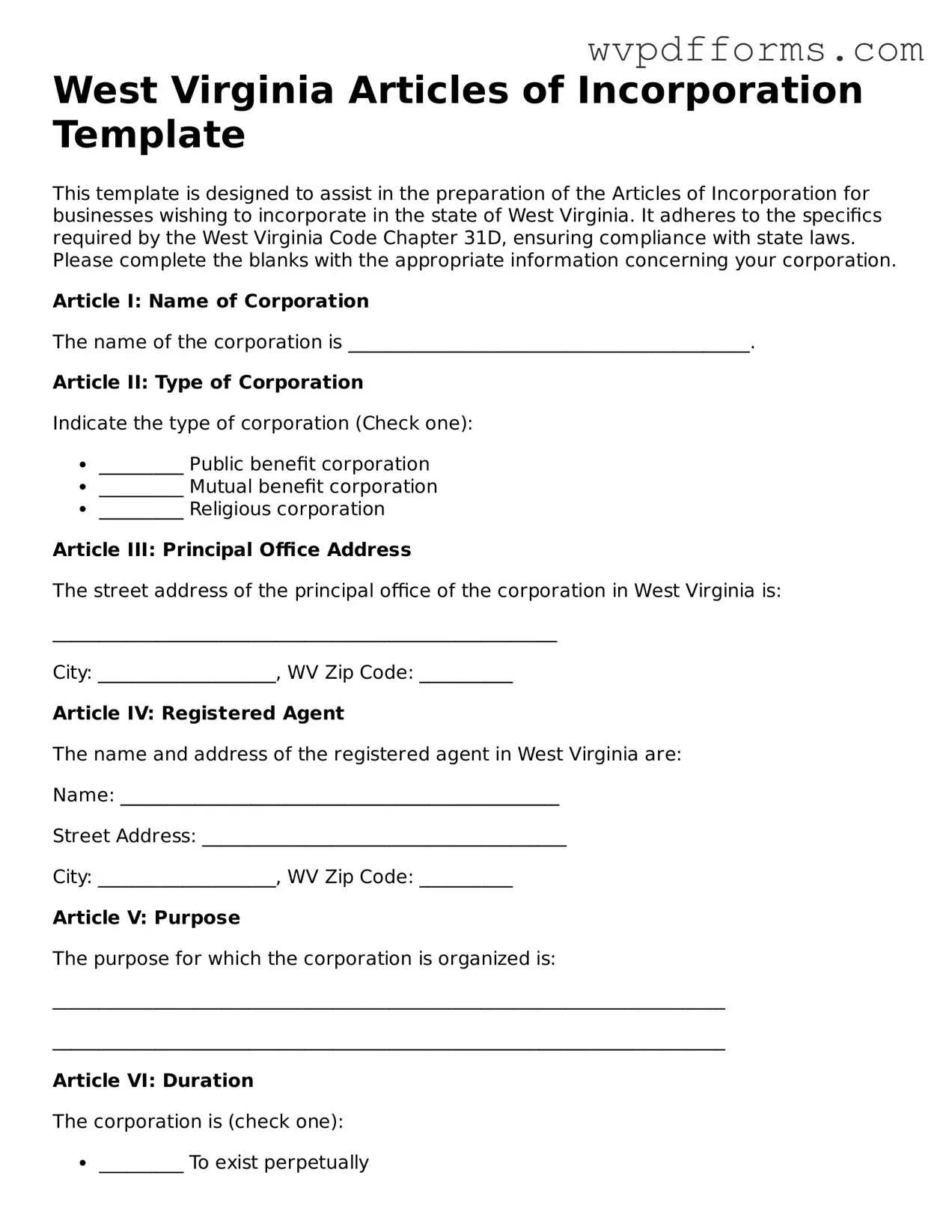 West Virginia Articles of Incorporation Template