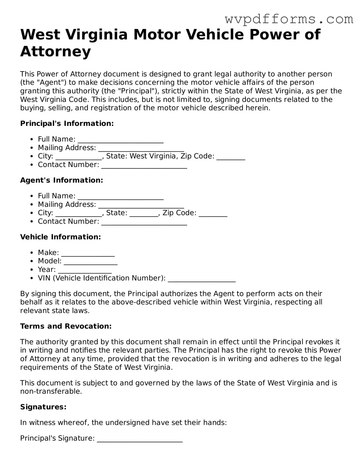 West Virginia Motor Vehicle Power of Attorney Template