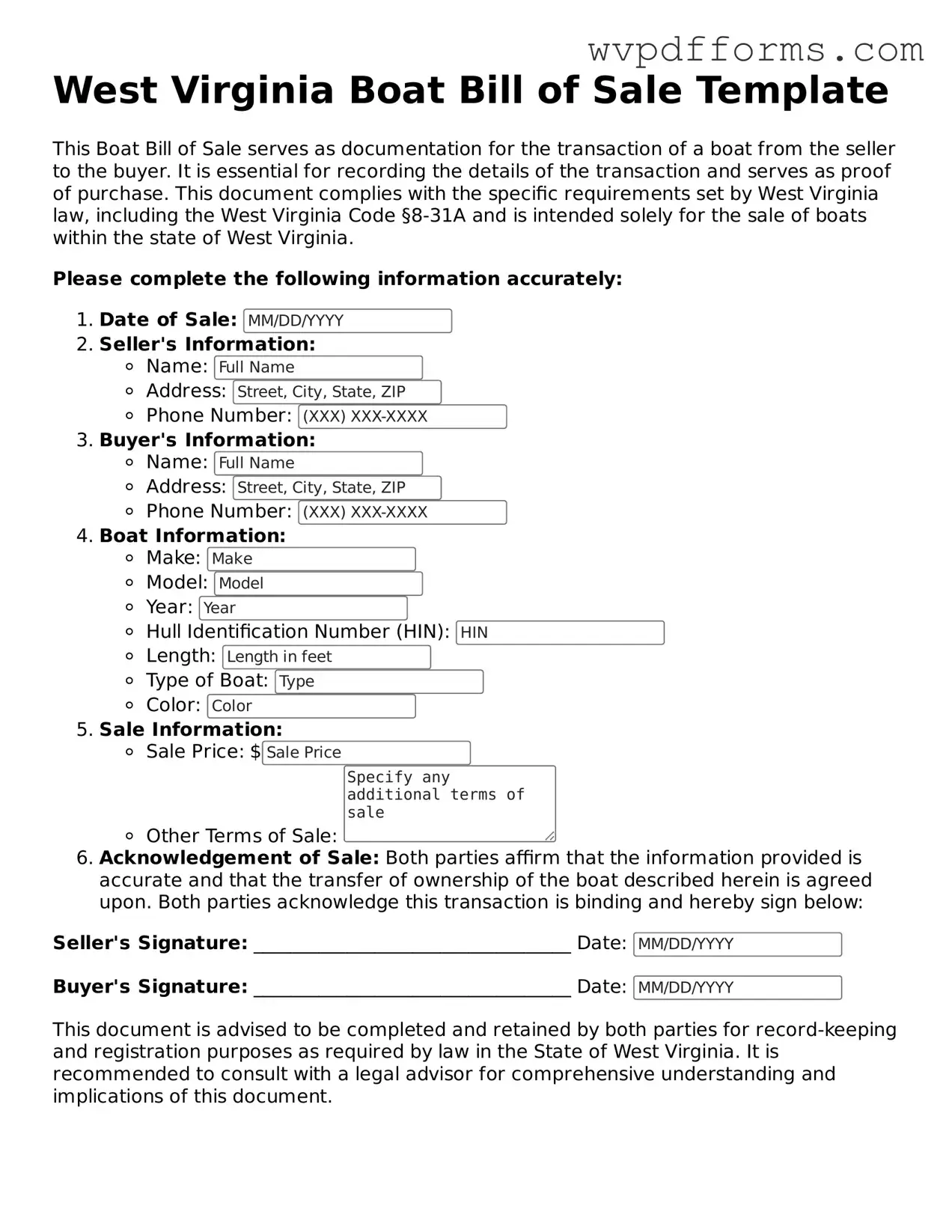 West Virginia Boat Bill of Sale Template