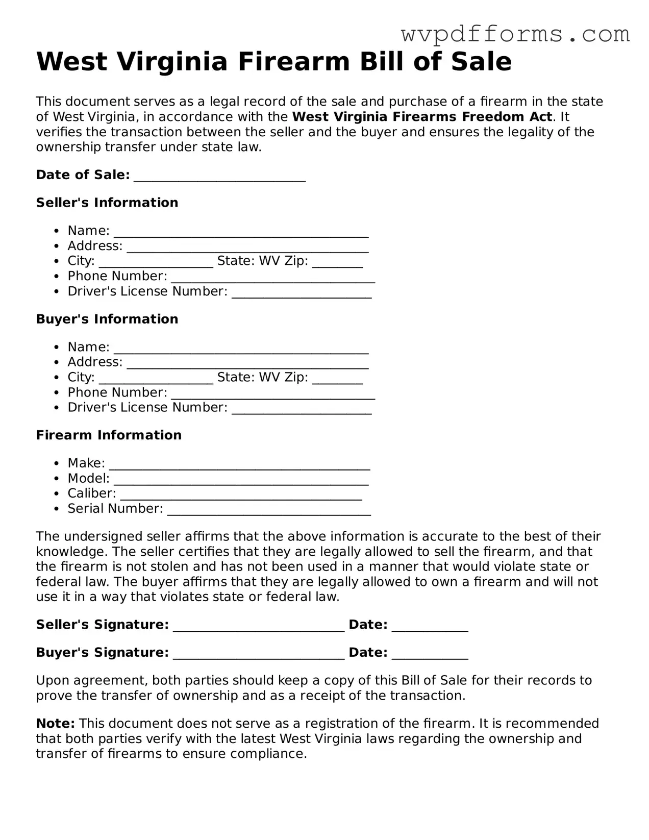 West Virginia Firearm Bill of Sale Template