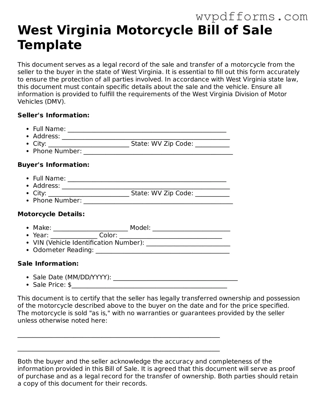 West Virginia Motorcycle Bill of Sale Template
