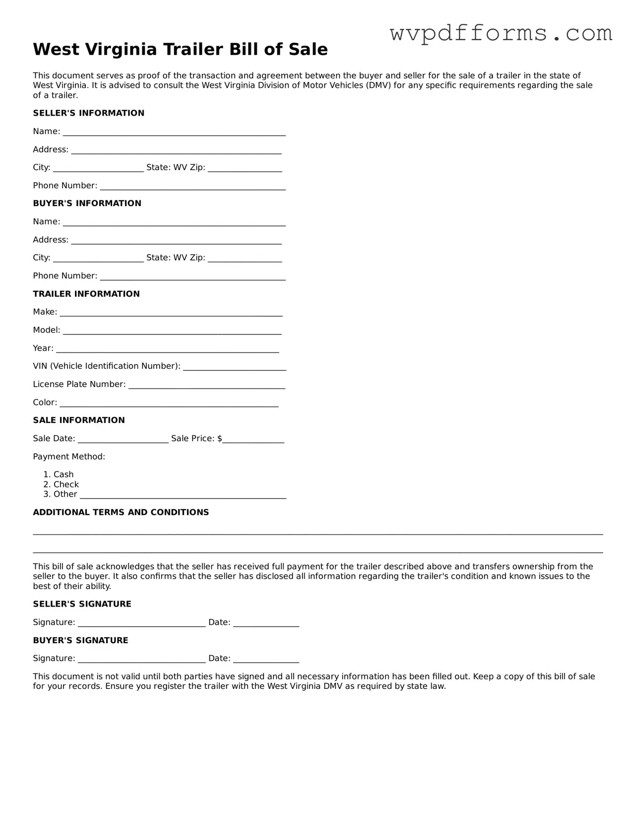 West Virginia Trailer Bill of Sale Template