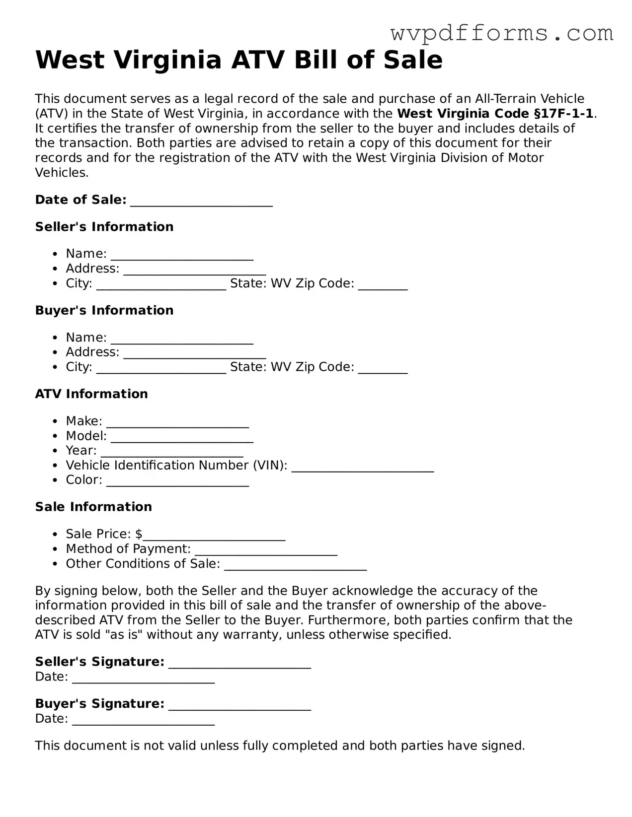 West Virginia ATV Bill of Sale Template