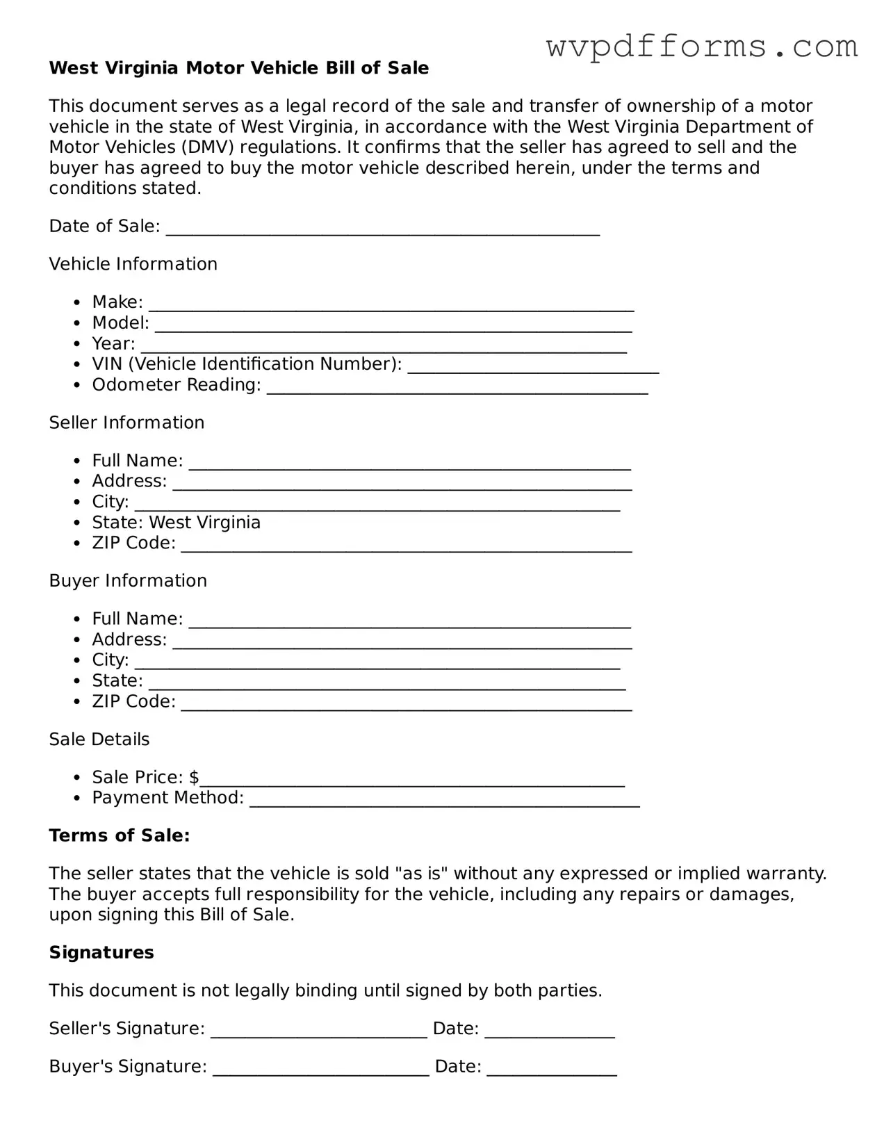 West Virginia Motor Vehicle Bill of Sale Template