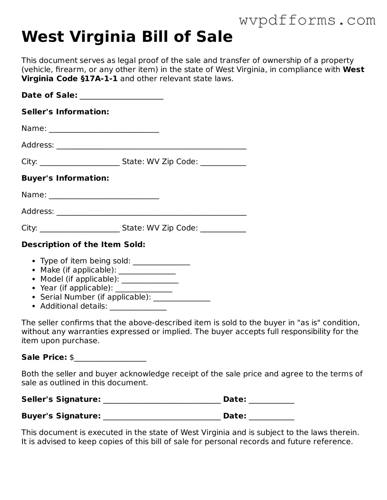 West Virginia Bill of Sale Template
