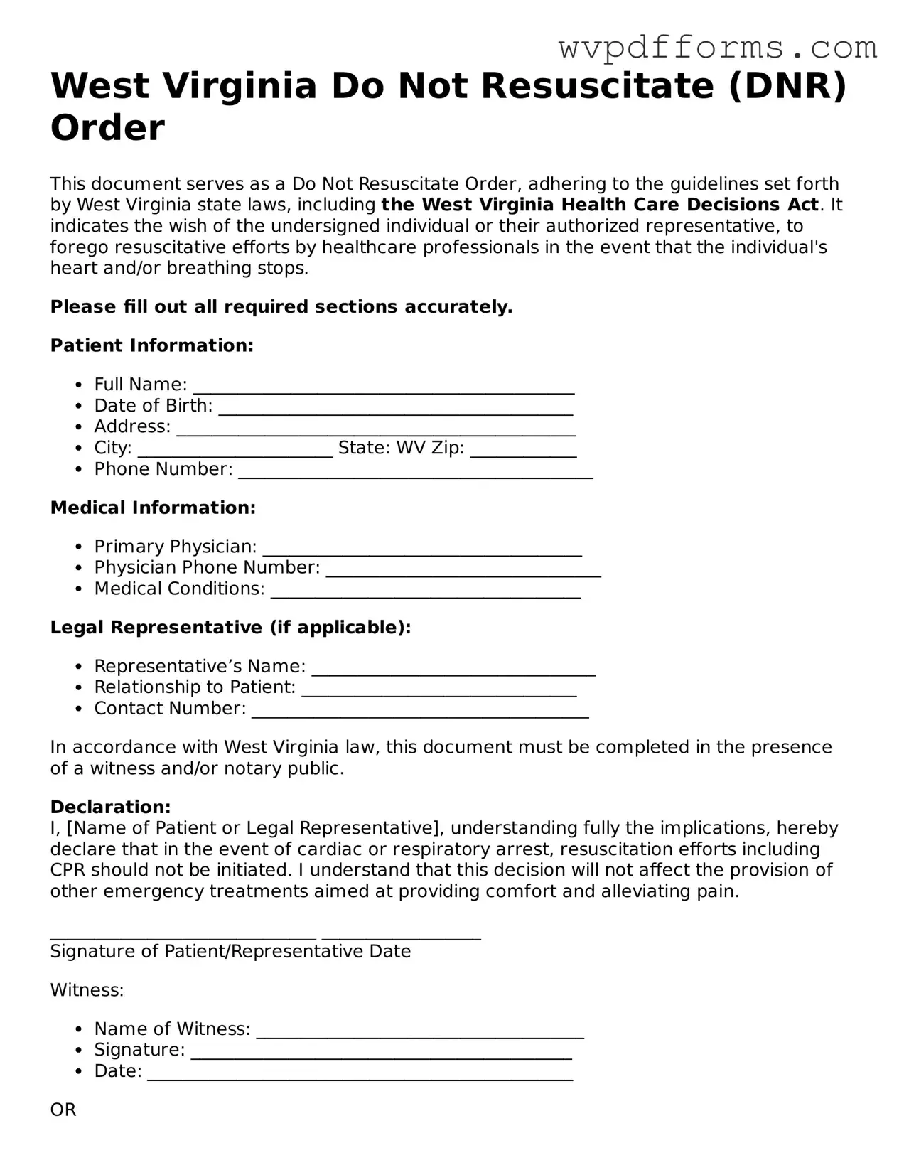 West Virginia Do Not Resuscitate Order Template