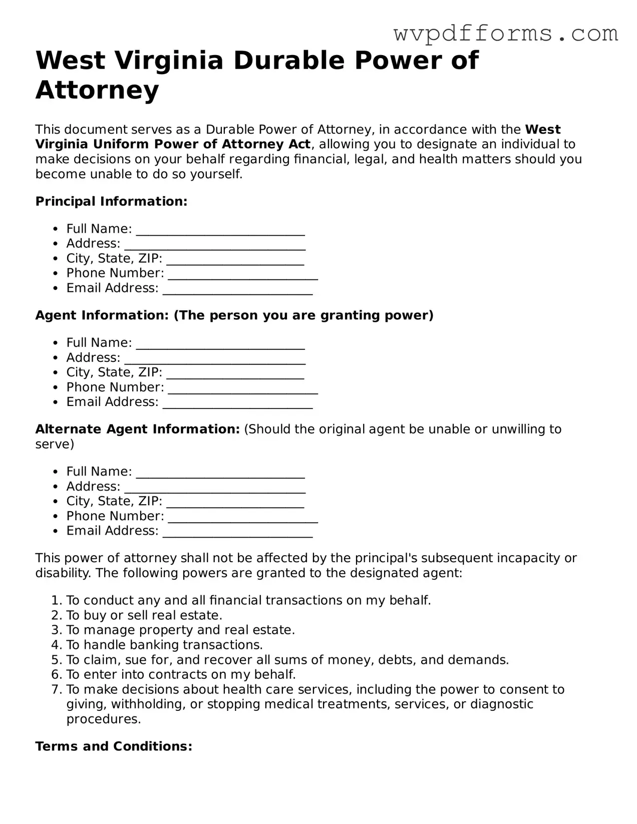 West Virginia Durable Power of Attorney Template