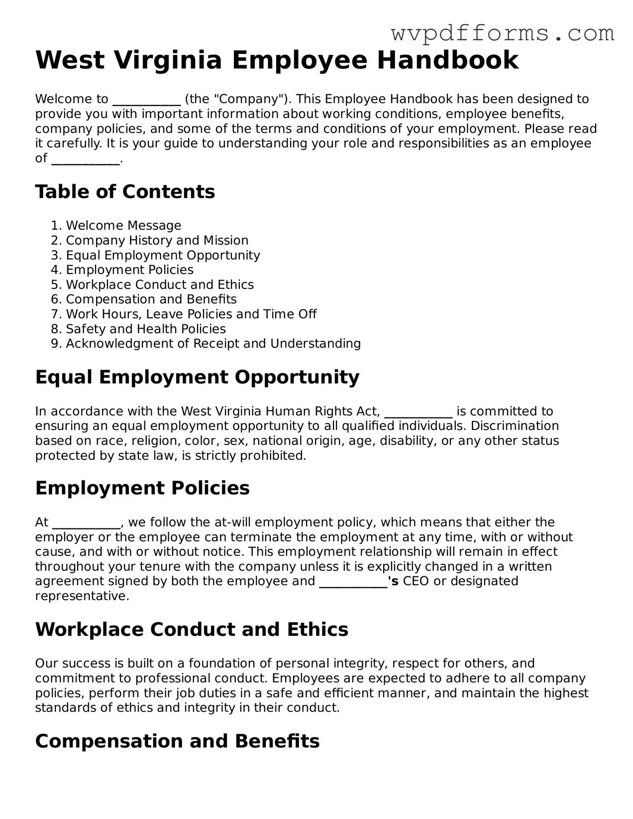 West Virginia Employee Handbook Template