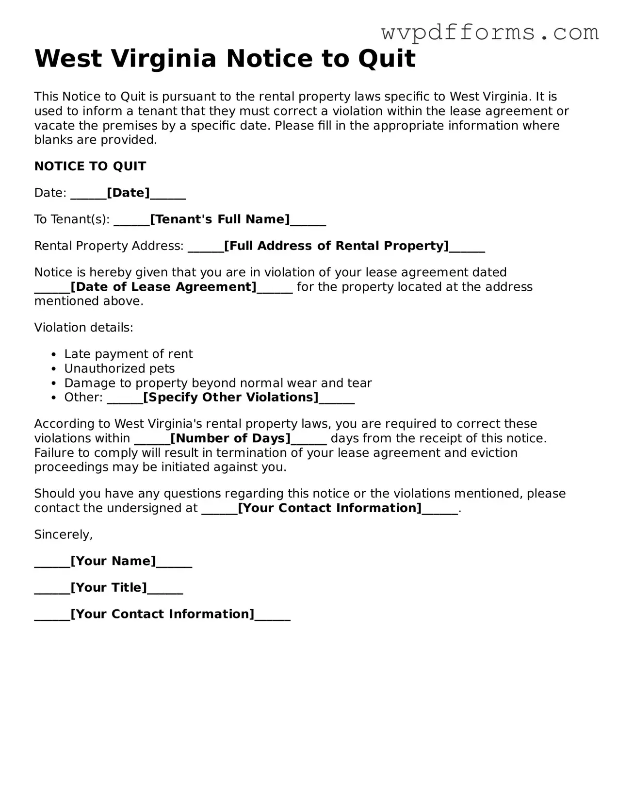West Virginia Notice to Quit Template