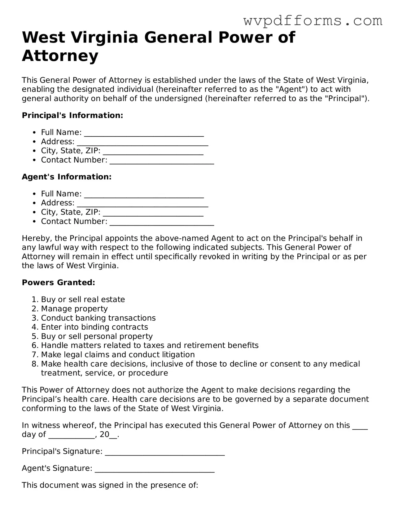 West Virginia General Power of Attorney Template