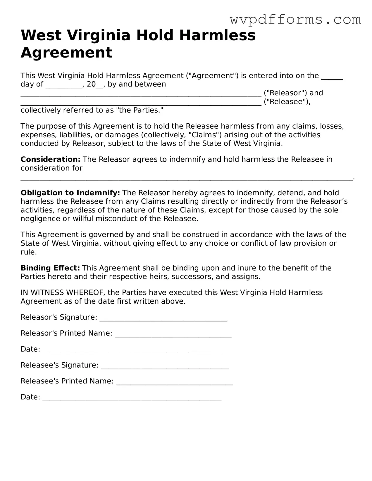West Virginia Hold Harmless Agreement Template
