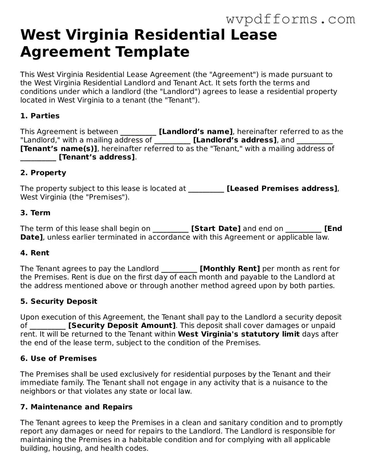 West Virginia Residential Lease Agreement Template