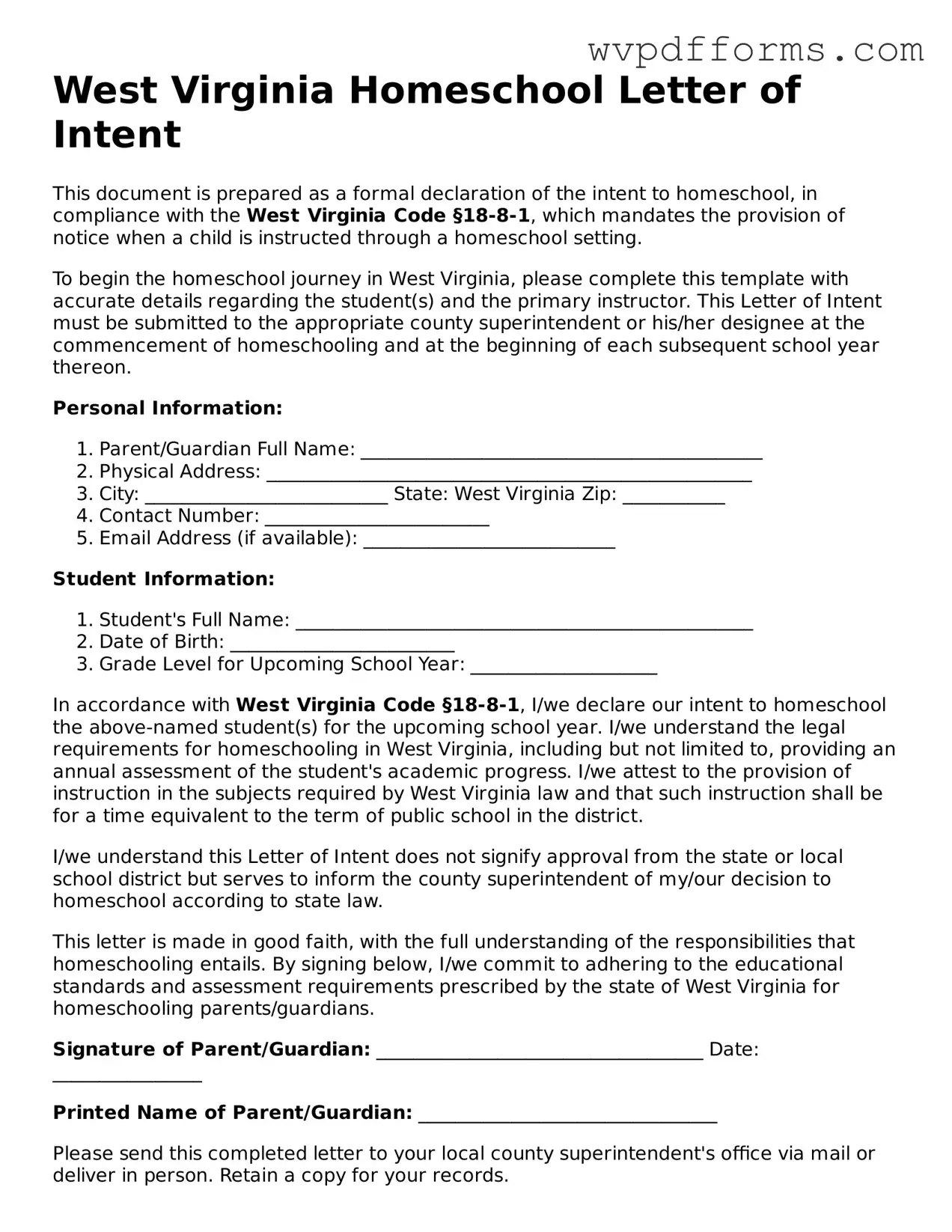 West Virginia Homeschool Letter of Intent Template