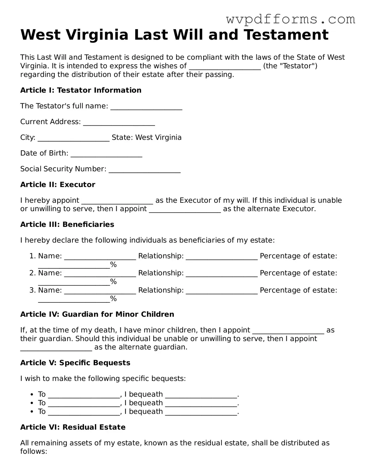 West Virginia Last Will and Testament Template