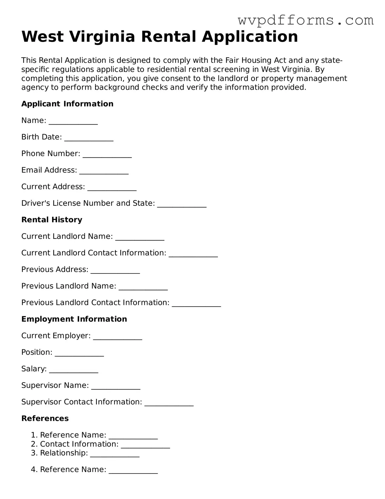 West Virginia Rental Application Template