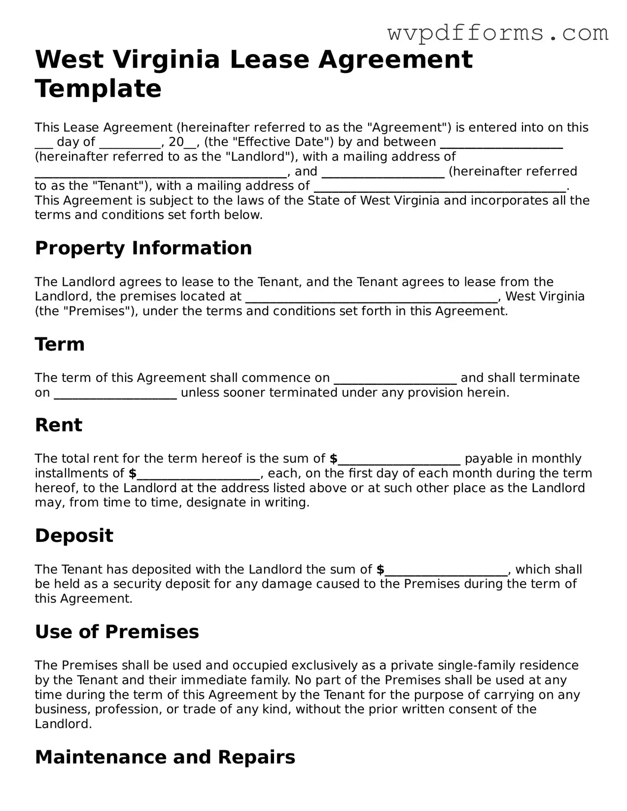 West Virginia Lease Agreement Template