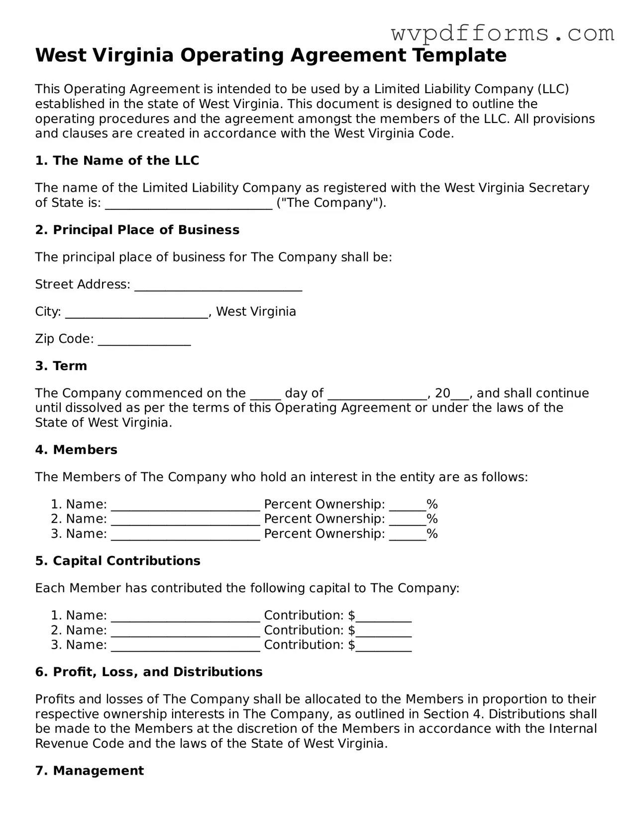 West Virginia Operating Agreement Template