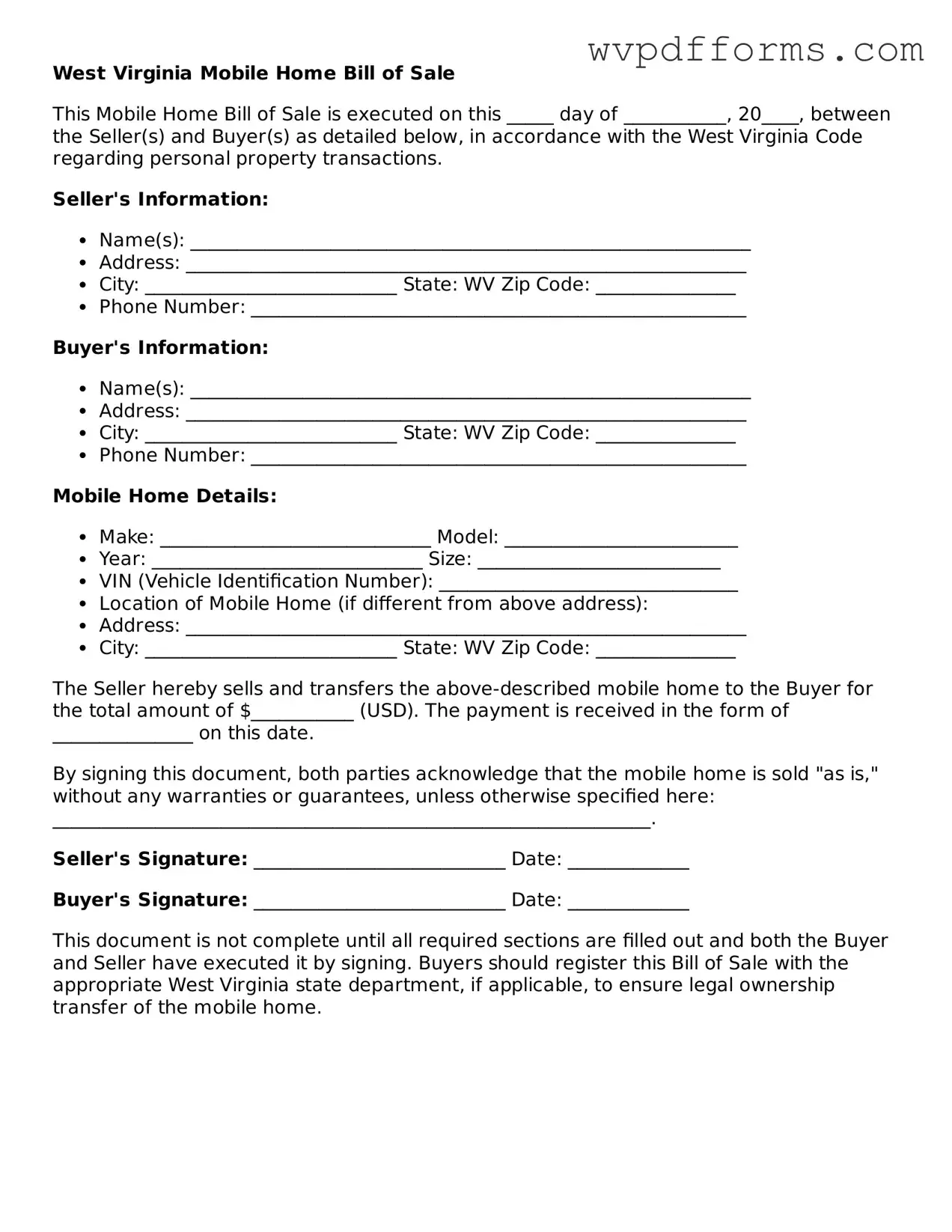 West Virginia Mobile Home Bill of Sale Template