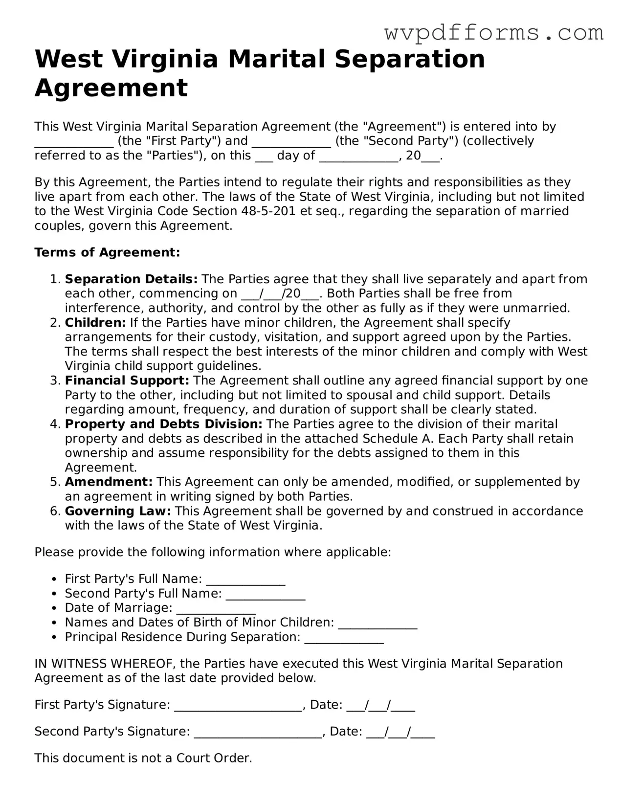 West Virginia Marital Separation Agreement Template