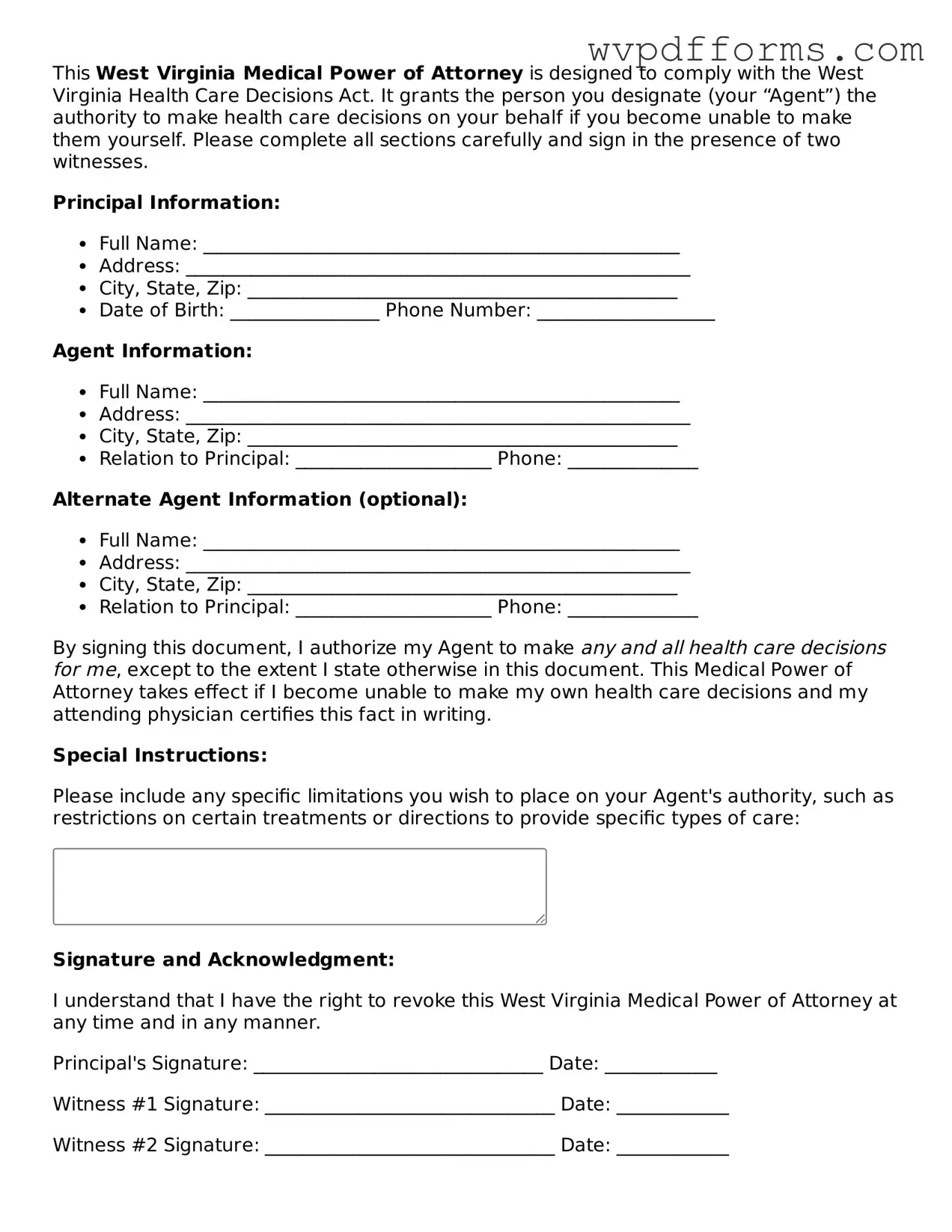 West Virginia Medical Power of Attorney Template