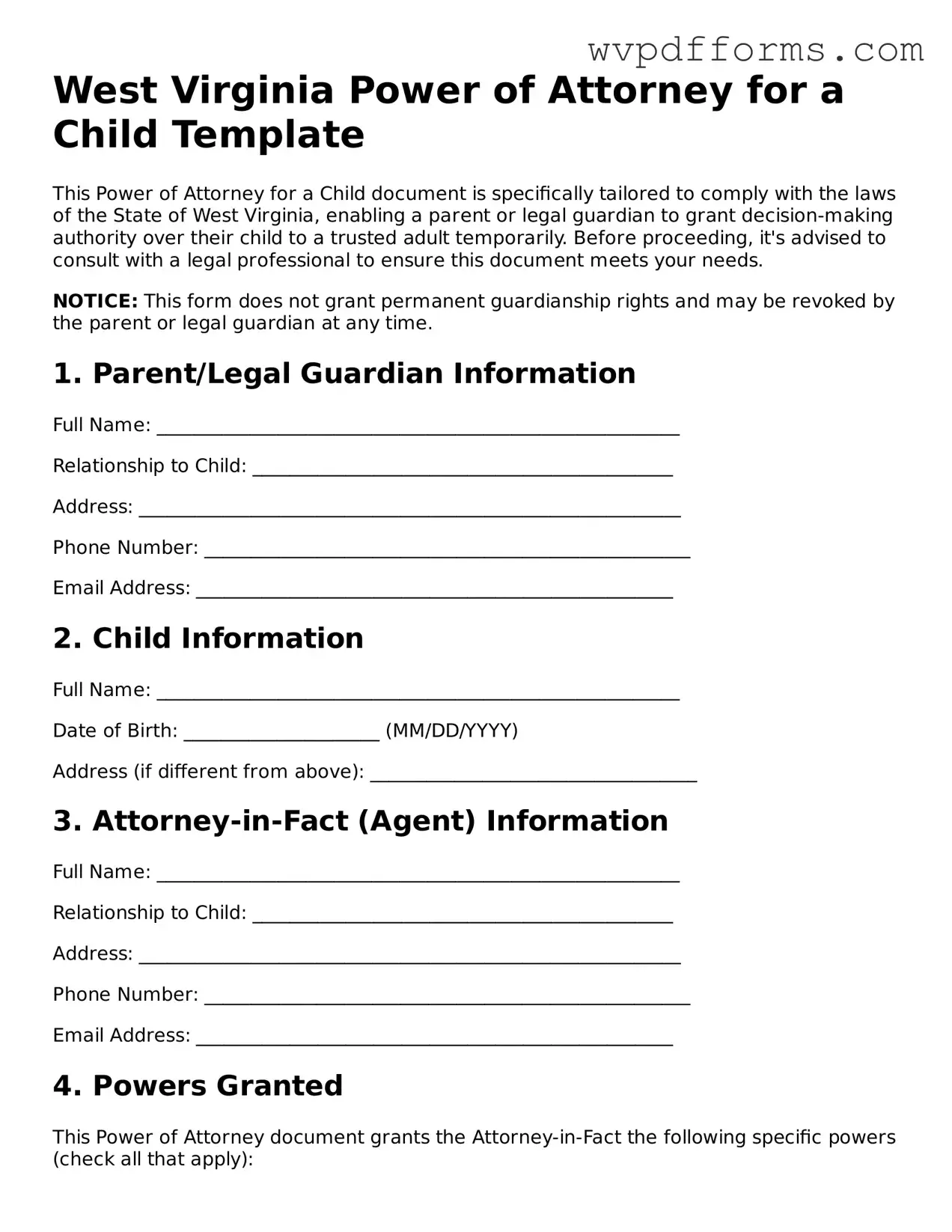 West Virginia Power of Attorney for a Child Template