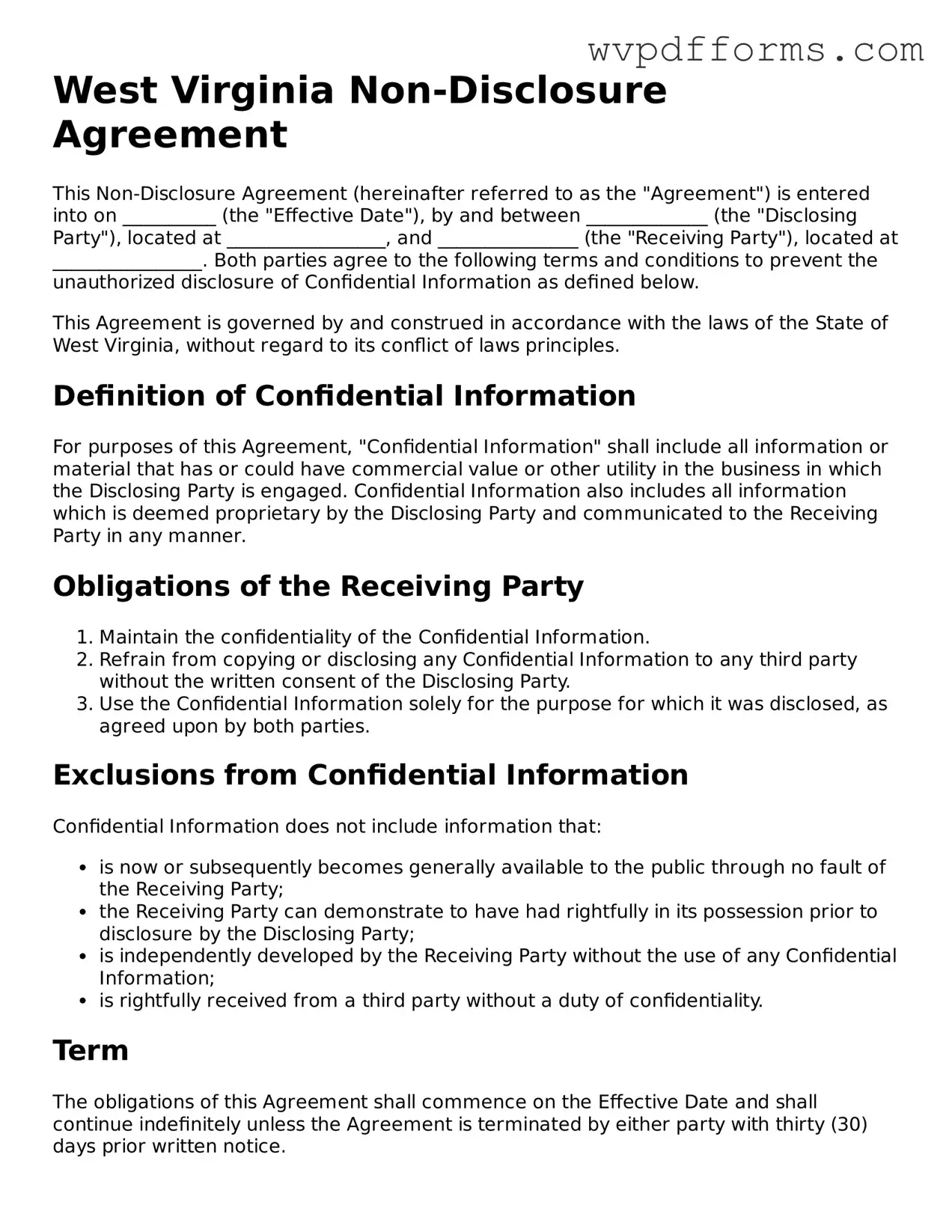 West Virginia Non-disclosure Agreement Template