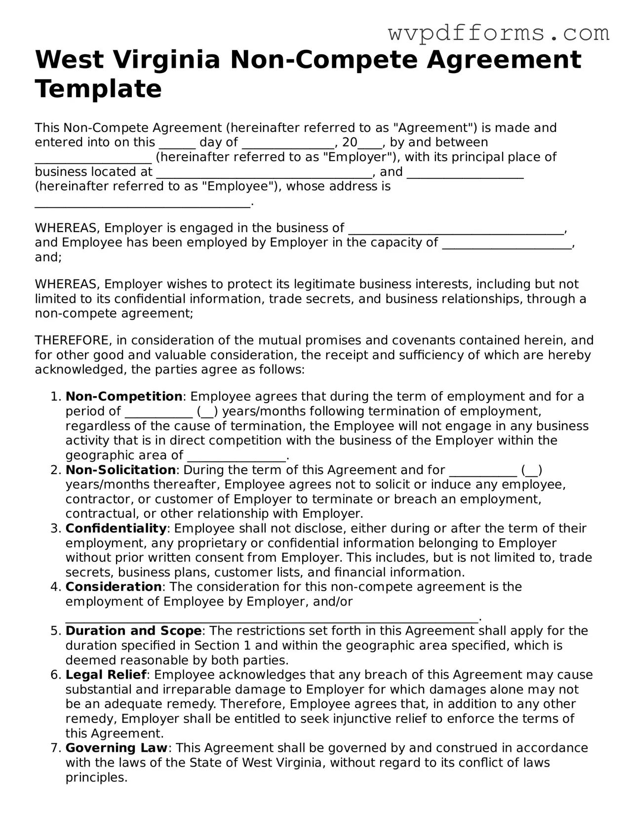 West Virginia Non-compete Agreement Template