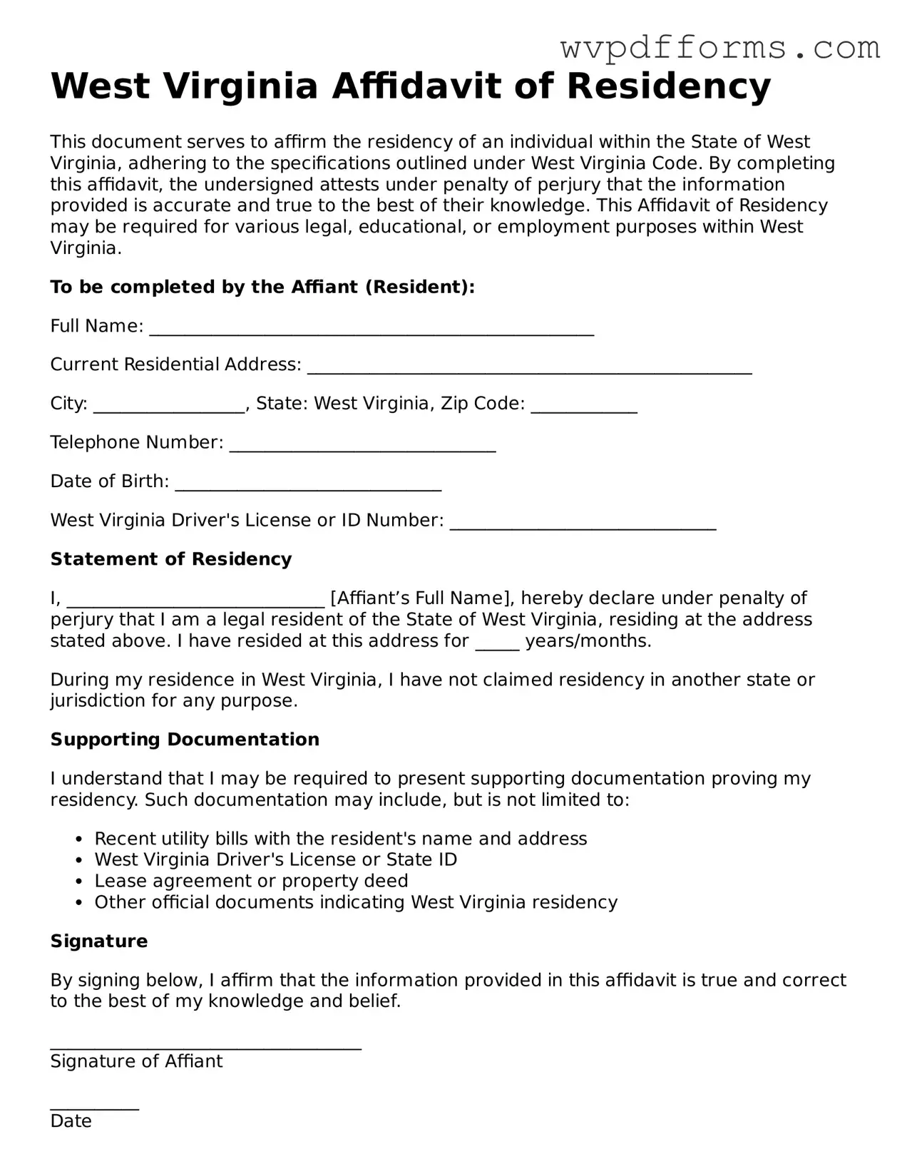 West Virginia Affidavit of Residency Template
