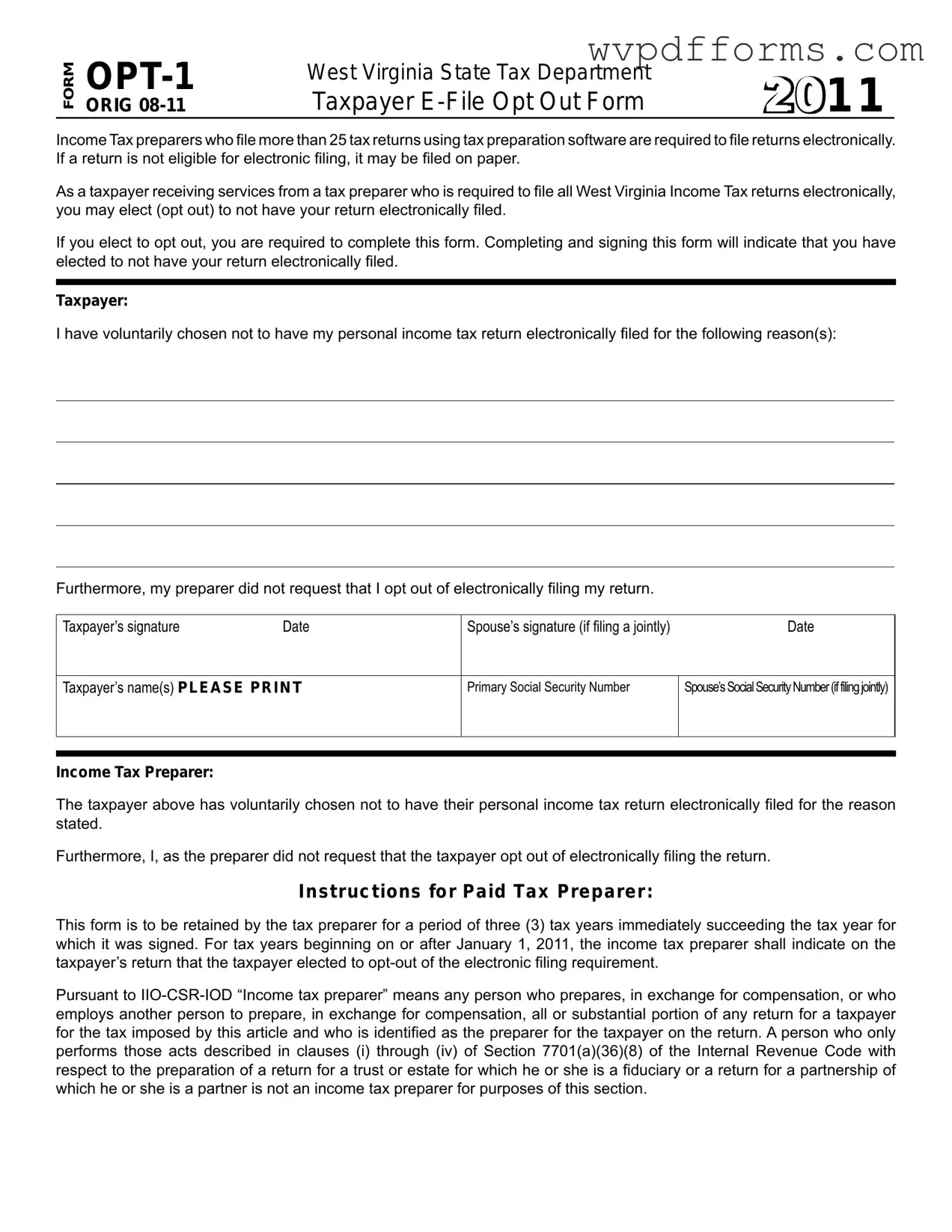 Free West Virginia Opt 1 Template