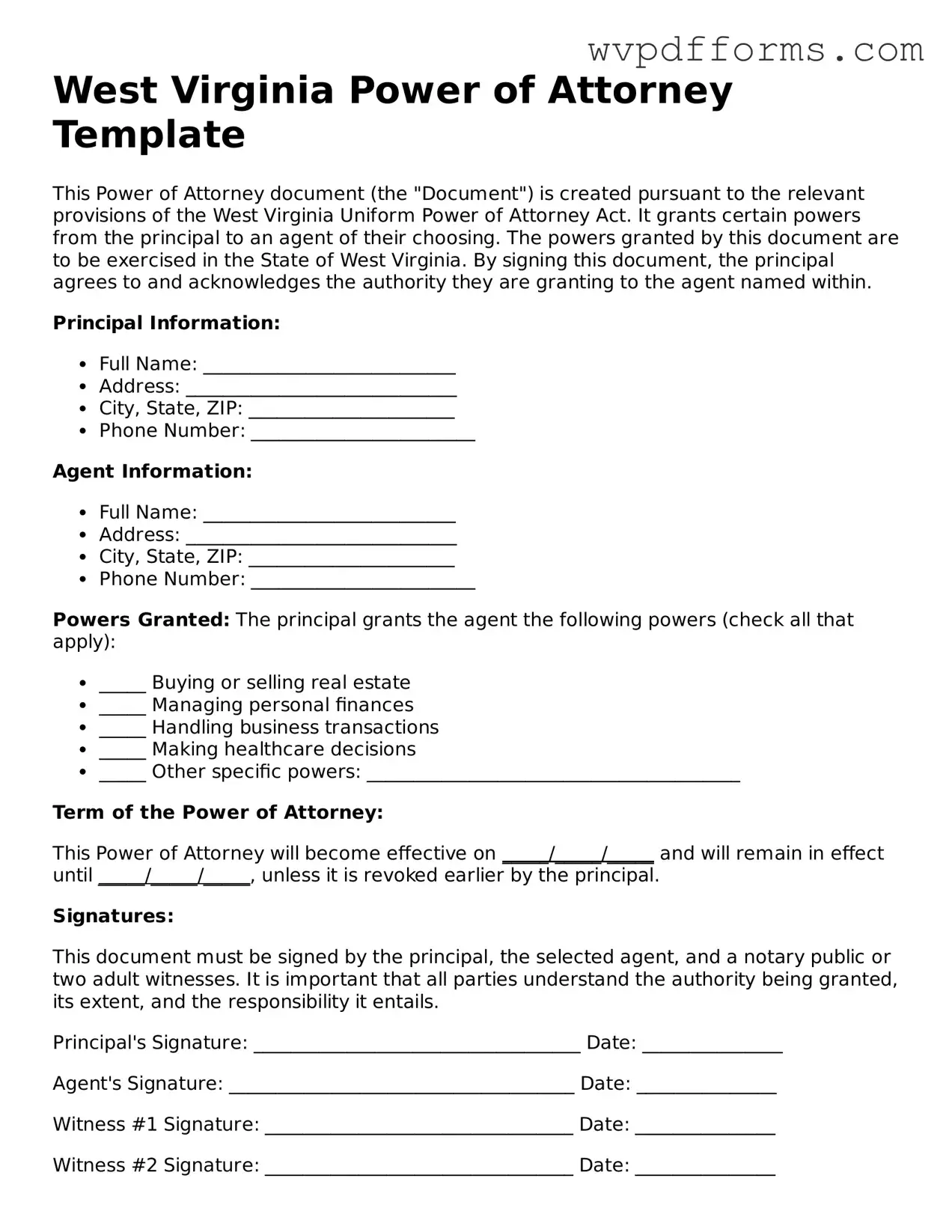 West Virginia Power of Attorney Template