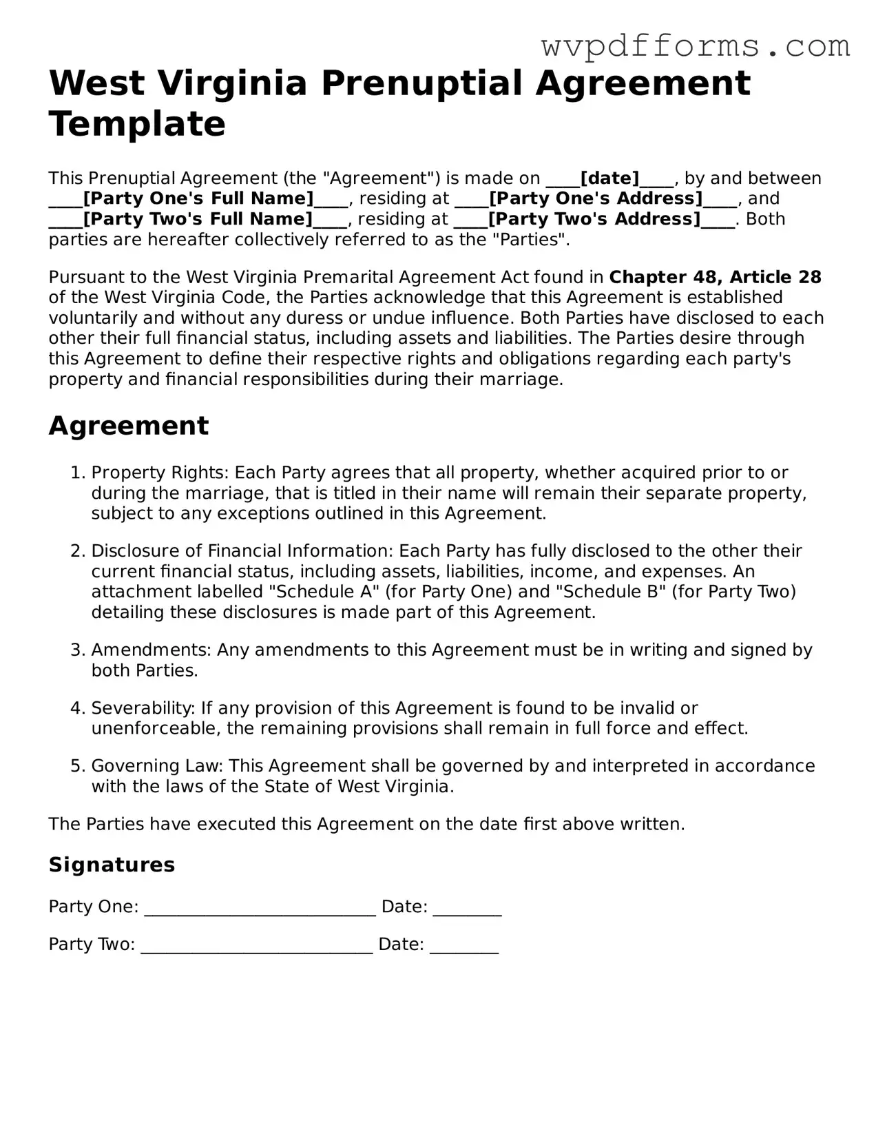 West Virginia Prenuptial Agreement Template