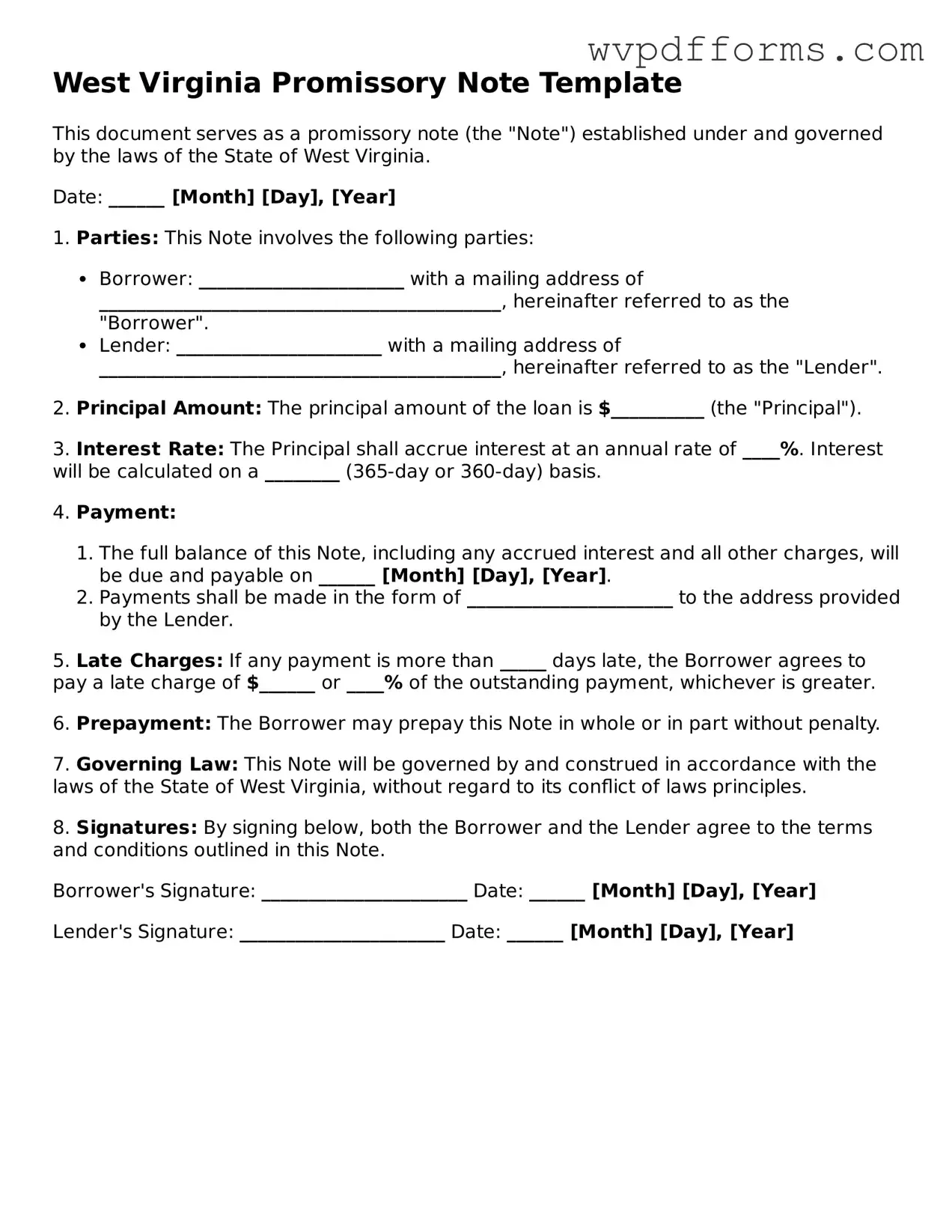 West Virginia Promissory Note Template