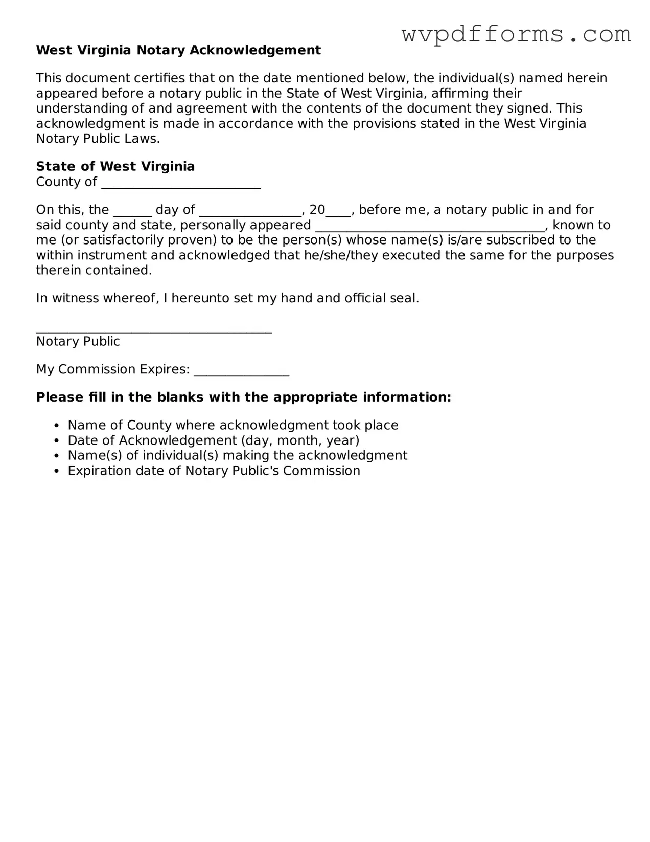 West Virginia Notary Acknowledgement Template