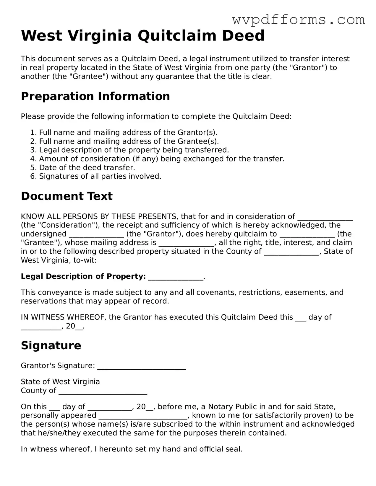 West Virginia Quitclaim Deed Template