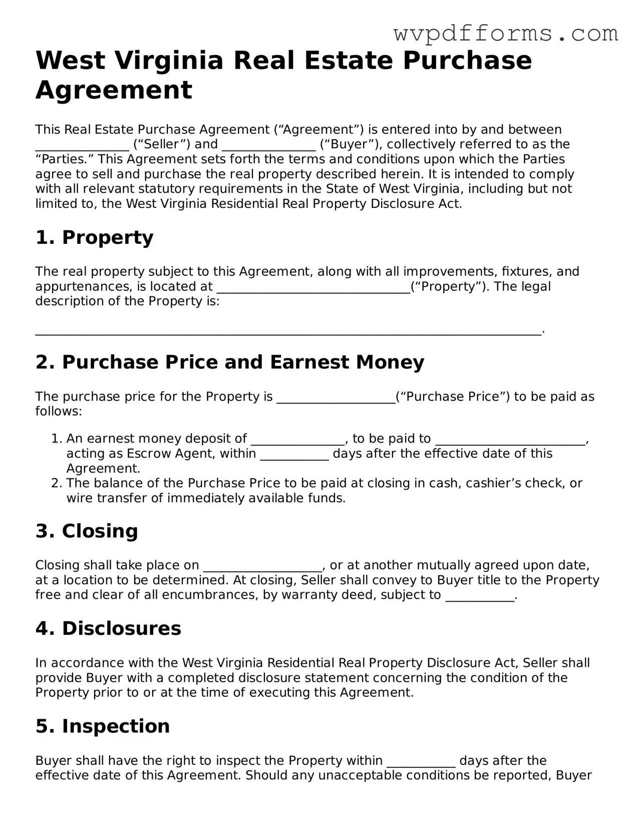 West Virginia Real Estate Purchase Agreement Template