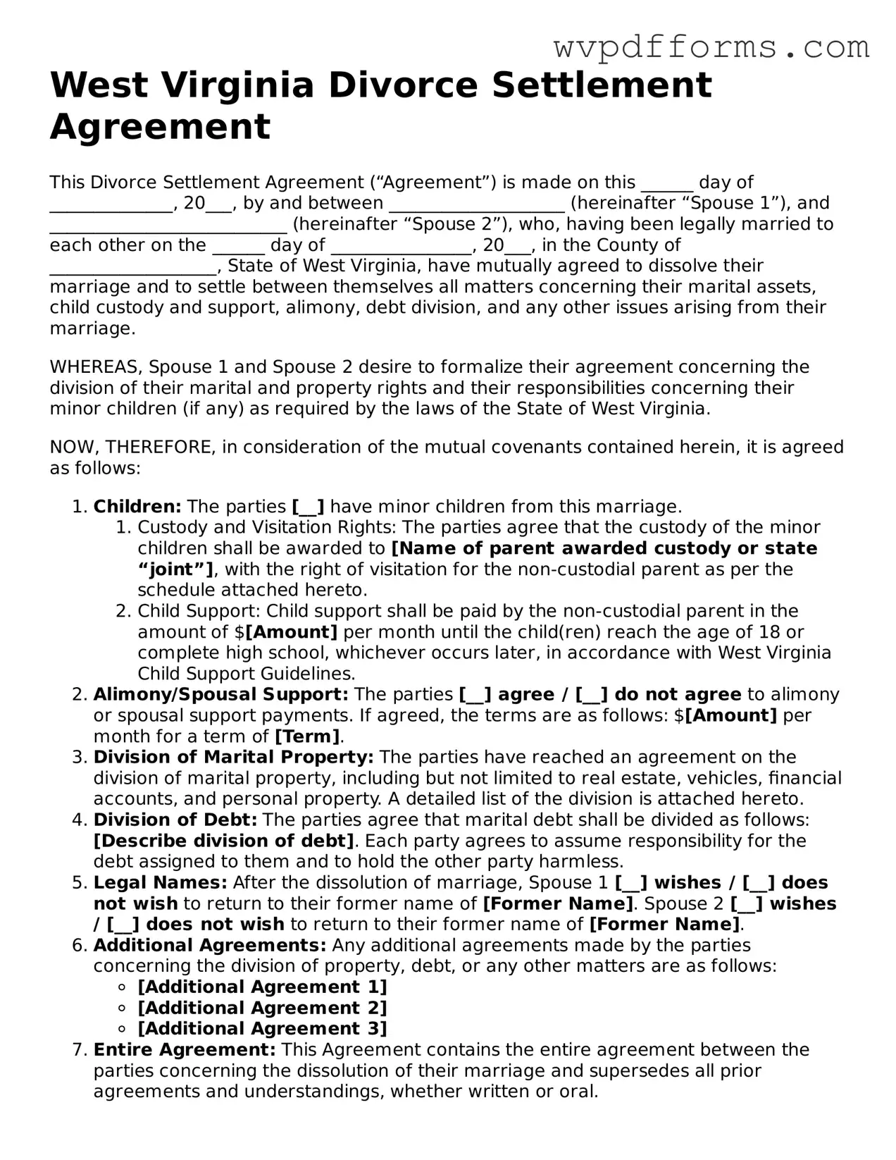 West Virginia Divorce Settlement Agreement Template